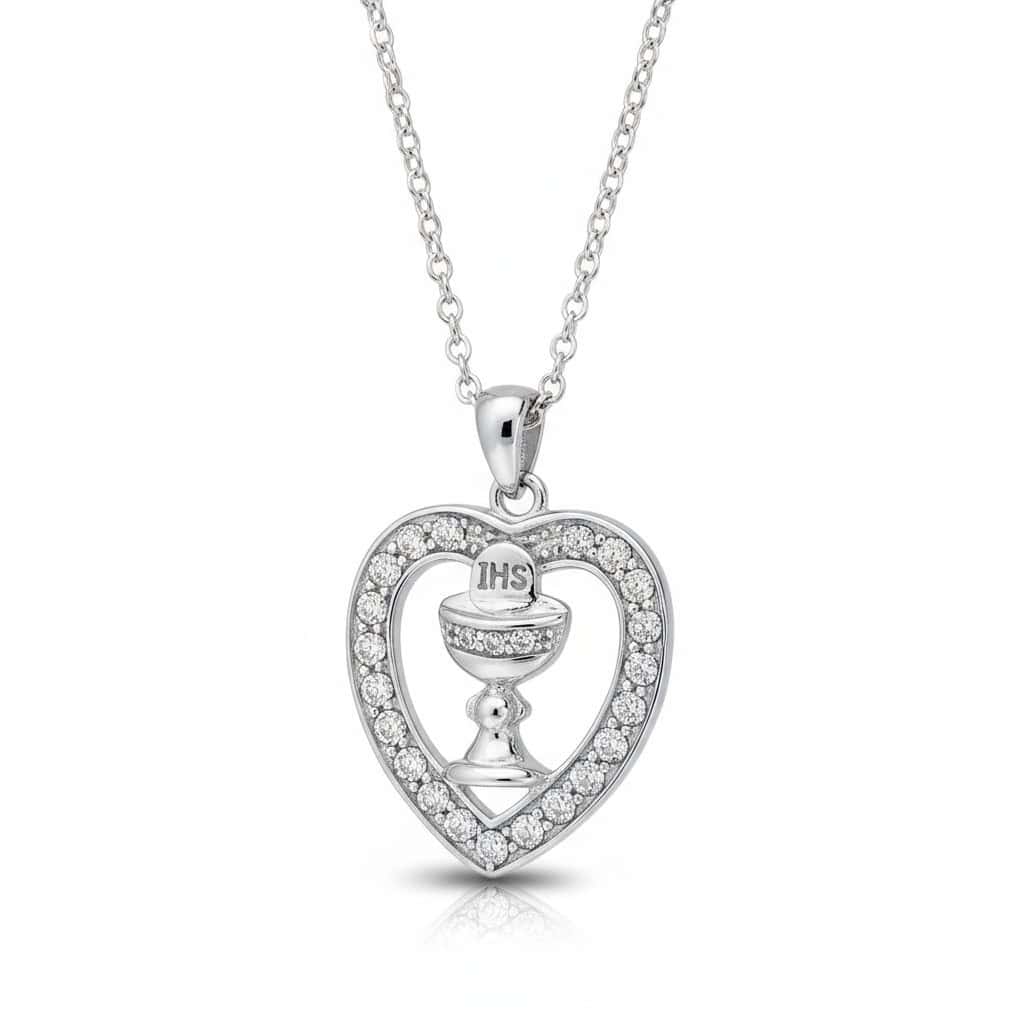 Sterling Silver First Communion Necklace with White CZ Stones - Irish Gifts