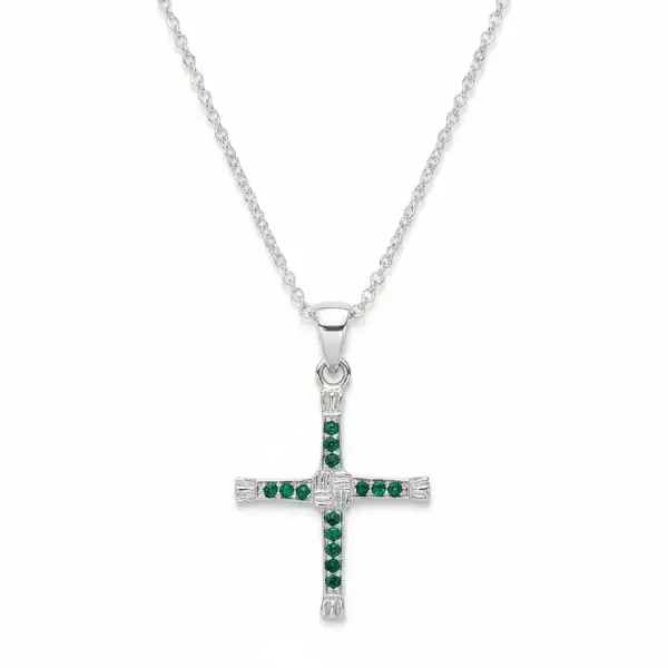 Sterling Silver St. Brigid’s Cross with Green Stones – 18” Chain - Irish Gifts