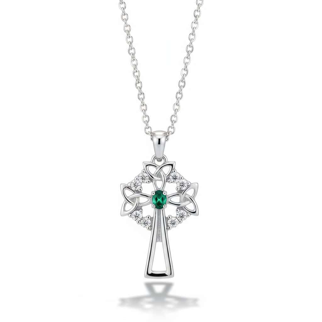 Silver Celtic Cross with Trinity Knots & Green and White Stones - Irish Gifts
