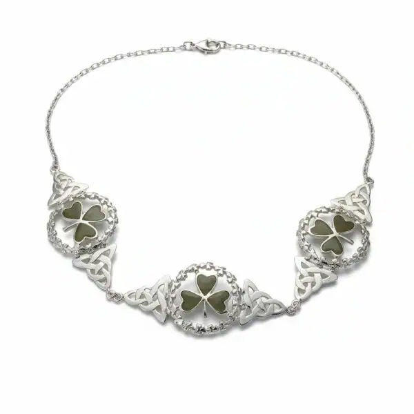 Sterling Silver Connemara Marble Triple Shamrock Necklet - Connemara Marble