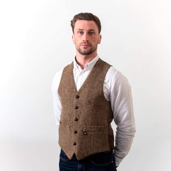 Brown Herringbone Donegal Tweed Vest Waistcoat - Tweed Clothing