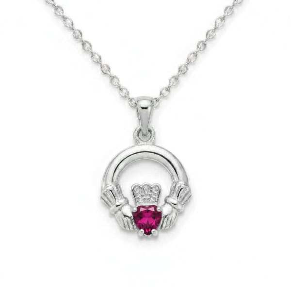 Sterling Silver Round Claddagh July Pendant – Ruby CZ - Irish Gifts
