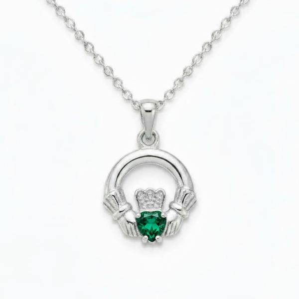 Sterling Silver Round Claddagh May Pendant – Emerald CZ - Irish Gifts