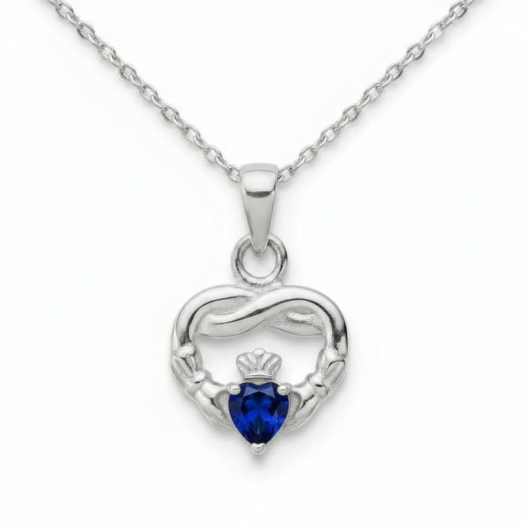 Sterling Silver Claddagh Twist September Pendant – Sapphire CZ - Irish Gifts