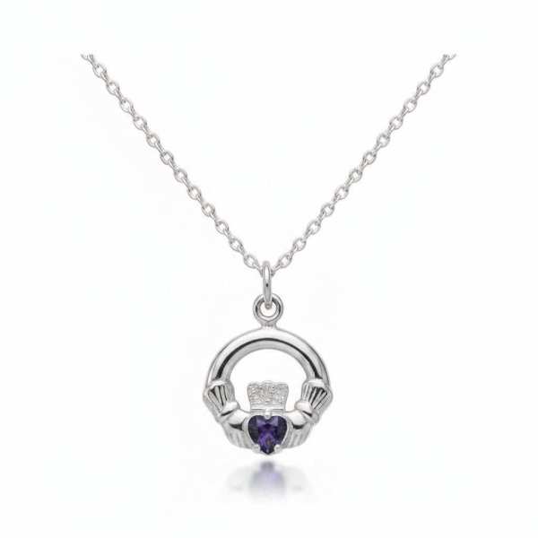 Sterling Silver Claddagh February Birthstone Pendant– Amethyst CZ - Irish Gifts