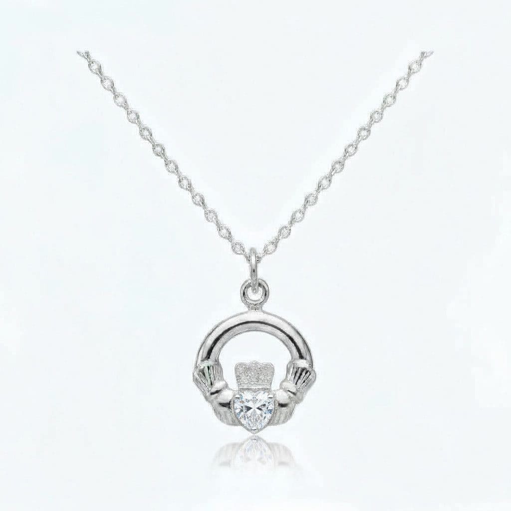 Sterling Silver Claddagh April Birthstone Pendant – Clear CZ - Irish Gifts