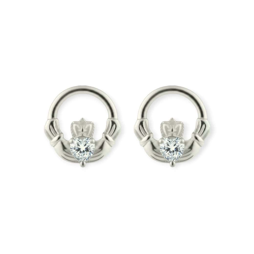 Silver Claddagh April Birthstone Stud Earrings – Clear CZ - Irish Gifts