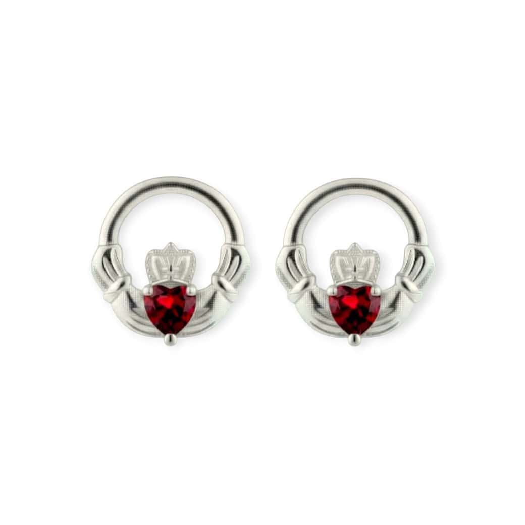 Silver Claddagh January Birthstone Stud Earrings – Garnet - Irish Gifts