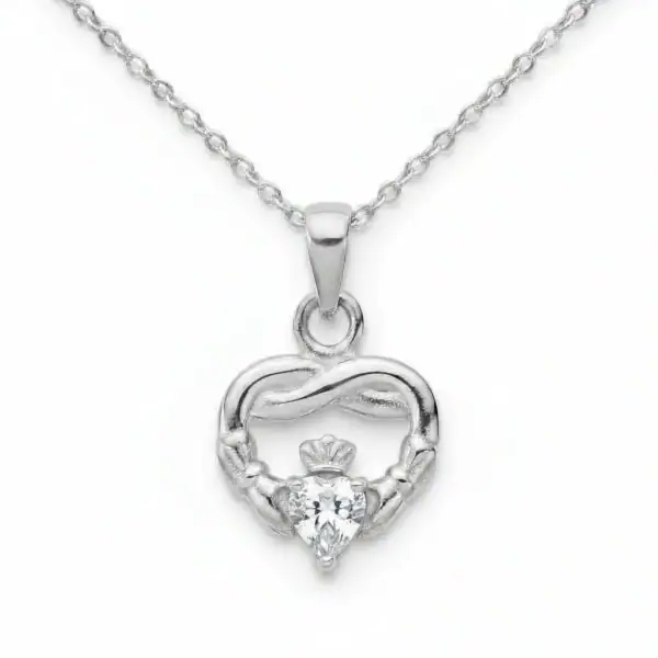 Sterling Silver Claddagh Twist April Pendant – Clear CZ - Irish Gifts