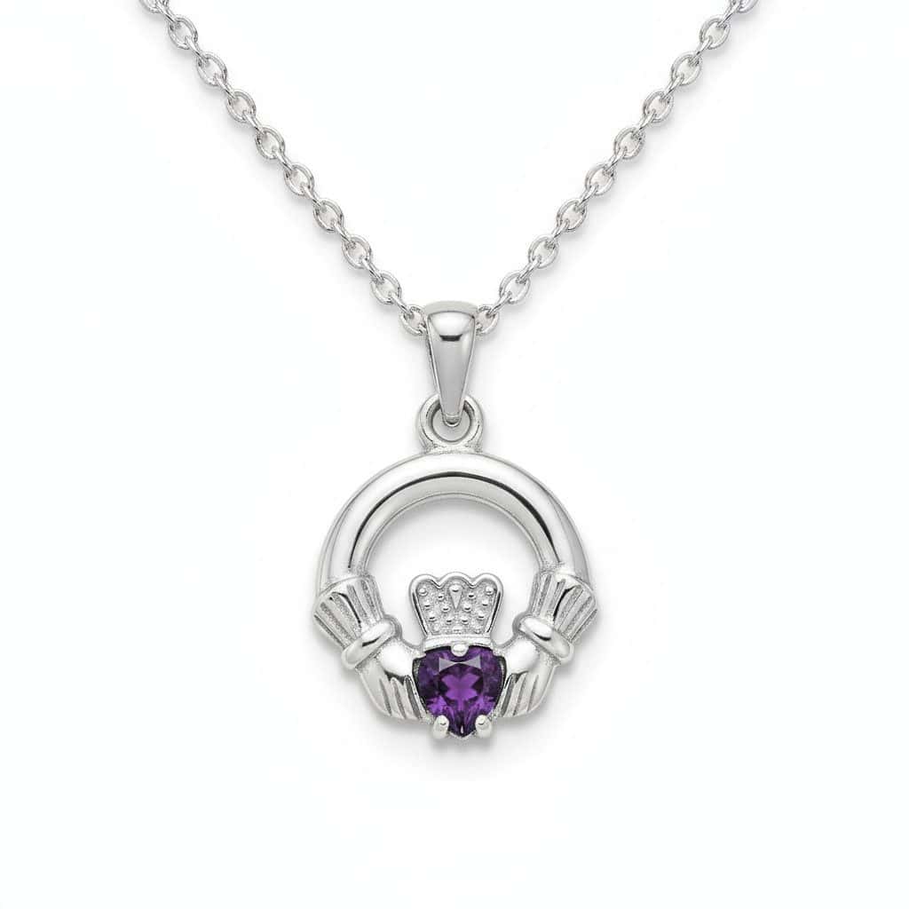 Silver Round Claddagh February Birthstone Pendant – Amethyst CZ - Irish Gifts
