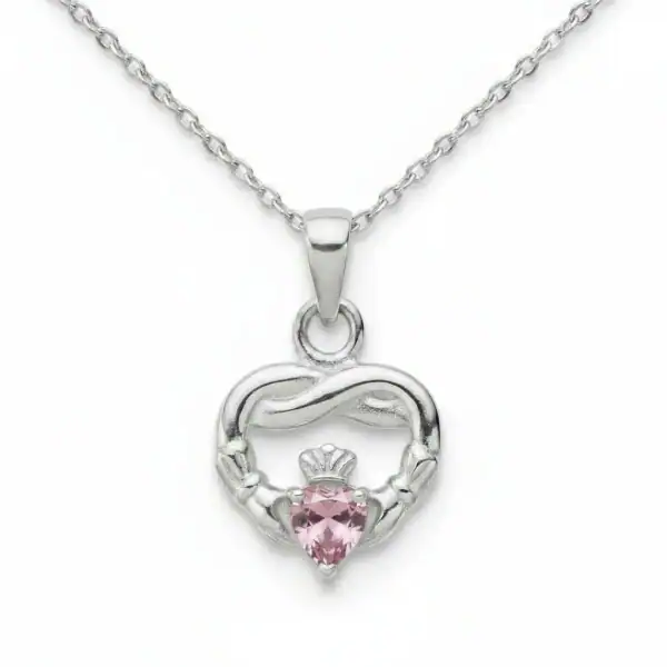 Sterling Silver Claddagh Twist October Pendant – Pink CZ - Irish Gifts
