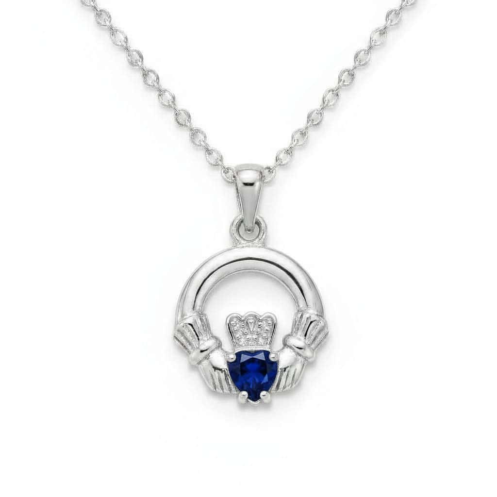 Sterling Silver Round Claddagh September Pendant – Sapphire CZ - Irish Gifts