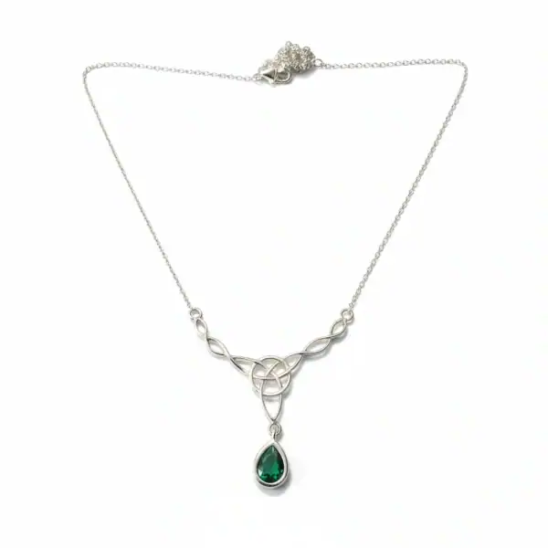 Sterling Silver Celtic Knot Necklet with Green Dropper - Irish Gifts - Image 1