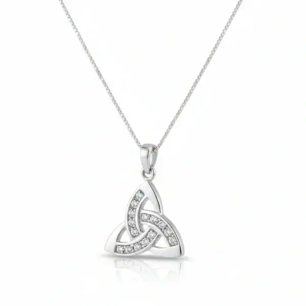 Sterling Silver Trinity Knot Pendant with White CZ - Irish Gifts