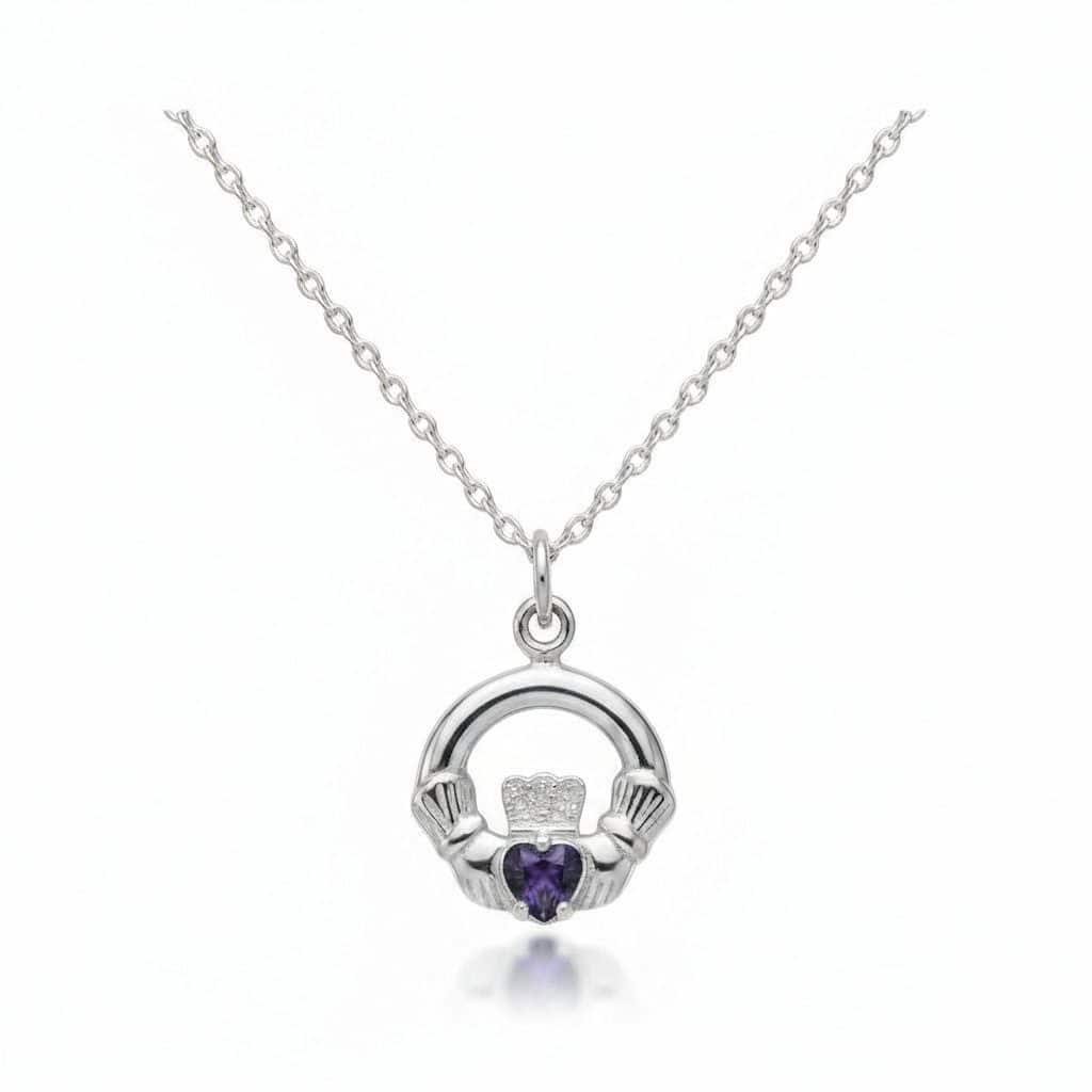 Sterling Silver Claddagh February Birthstone Pendant– Amethyst CZ - Irish Gifts