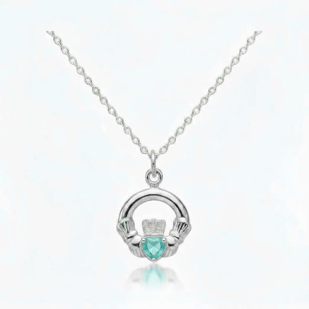 Sterling Silver Claddagh March Birthstone Pendant – Aquamarine CZ - Irish Gifts