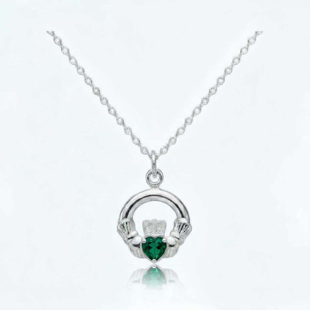 Sterling Silver Claddagh May Birthstone Pendant – Emerald CZ - Irish Gifts