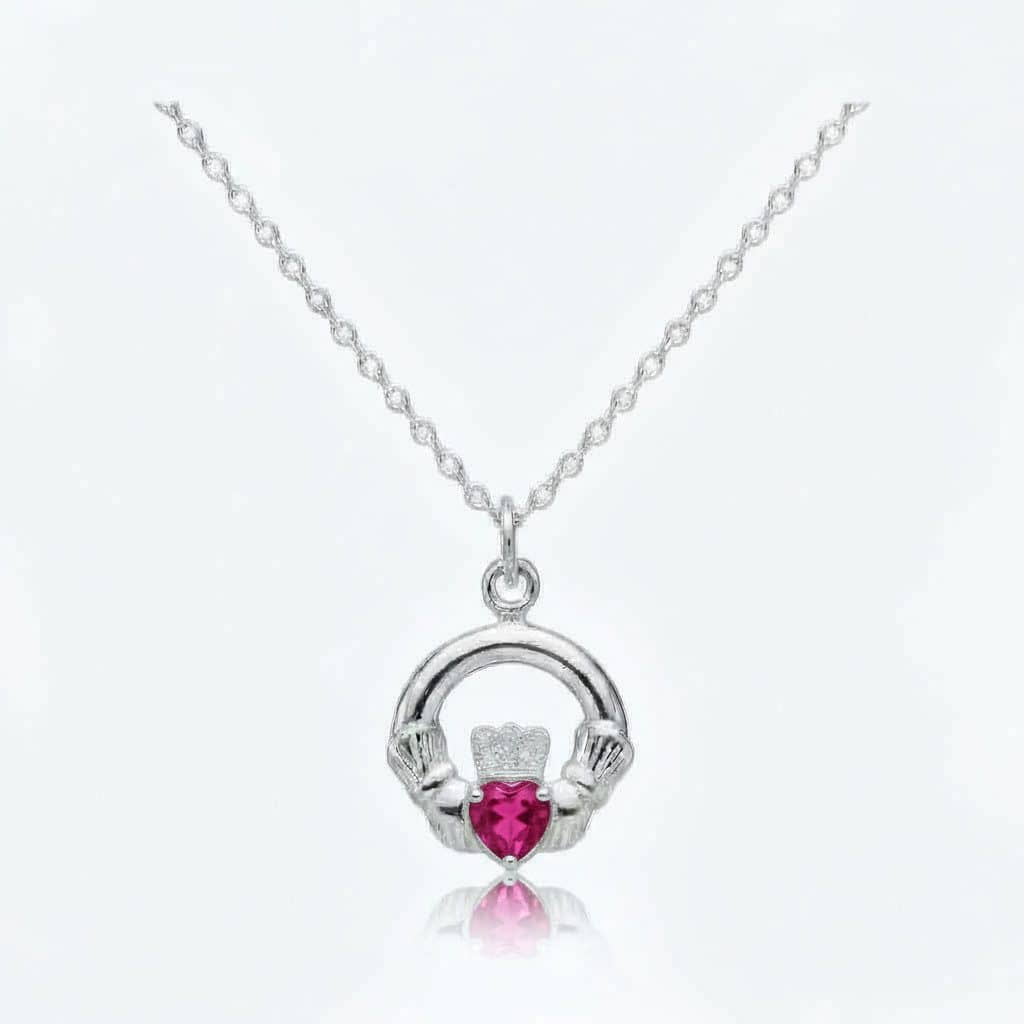 Sterling Silver Claddagh July Birthstone Pendant – Ruby CZ - Irish Gifts