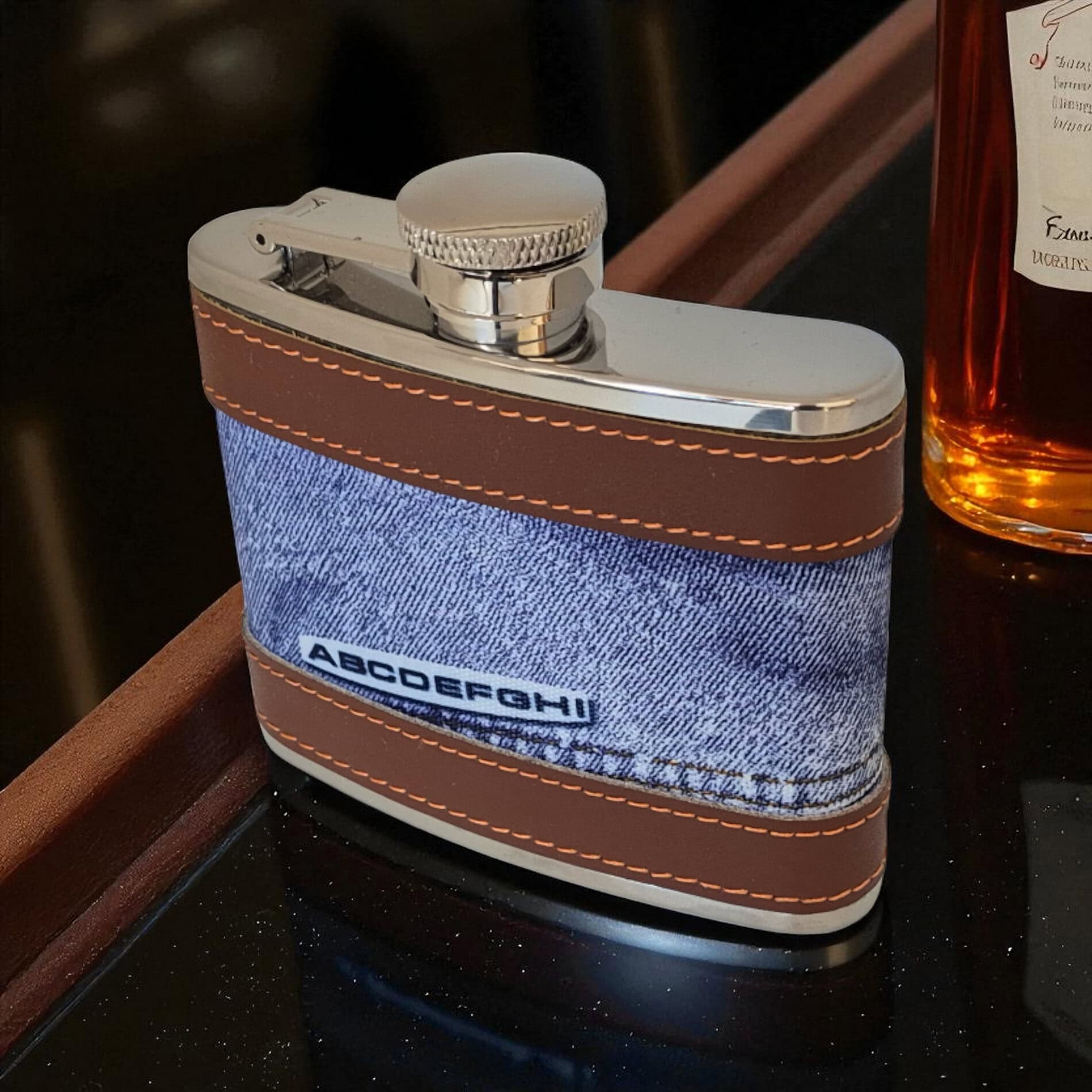 Peterson Blue Denim & Leather Hip Flask – 4oz Stainless Steel - Irish Bar/Guinness