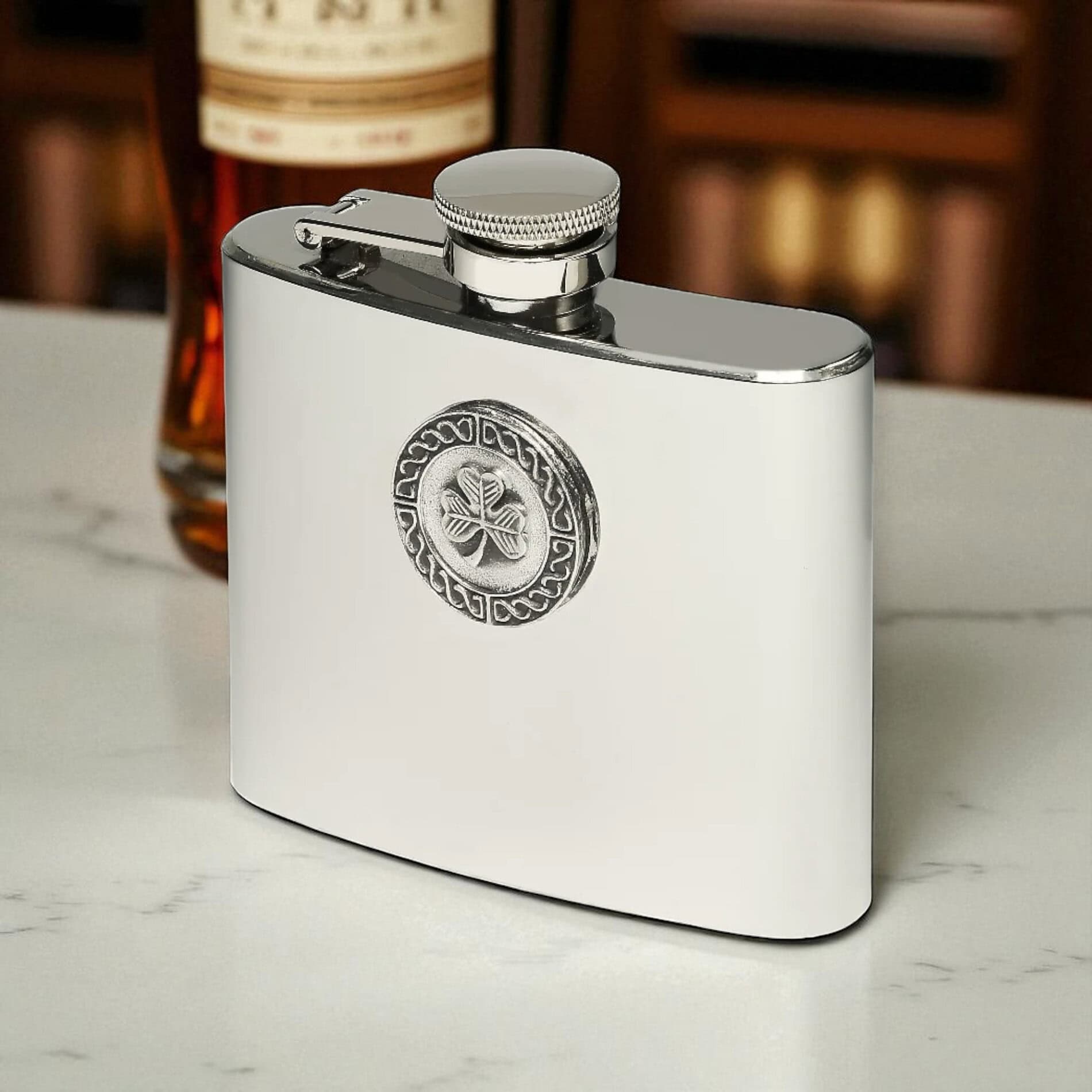 Shamrock Hip Flask – 5oz Mullingar Pewter Stainless Steel - Irish Bar/Guinness