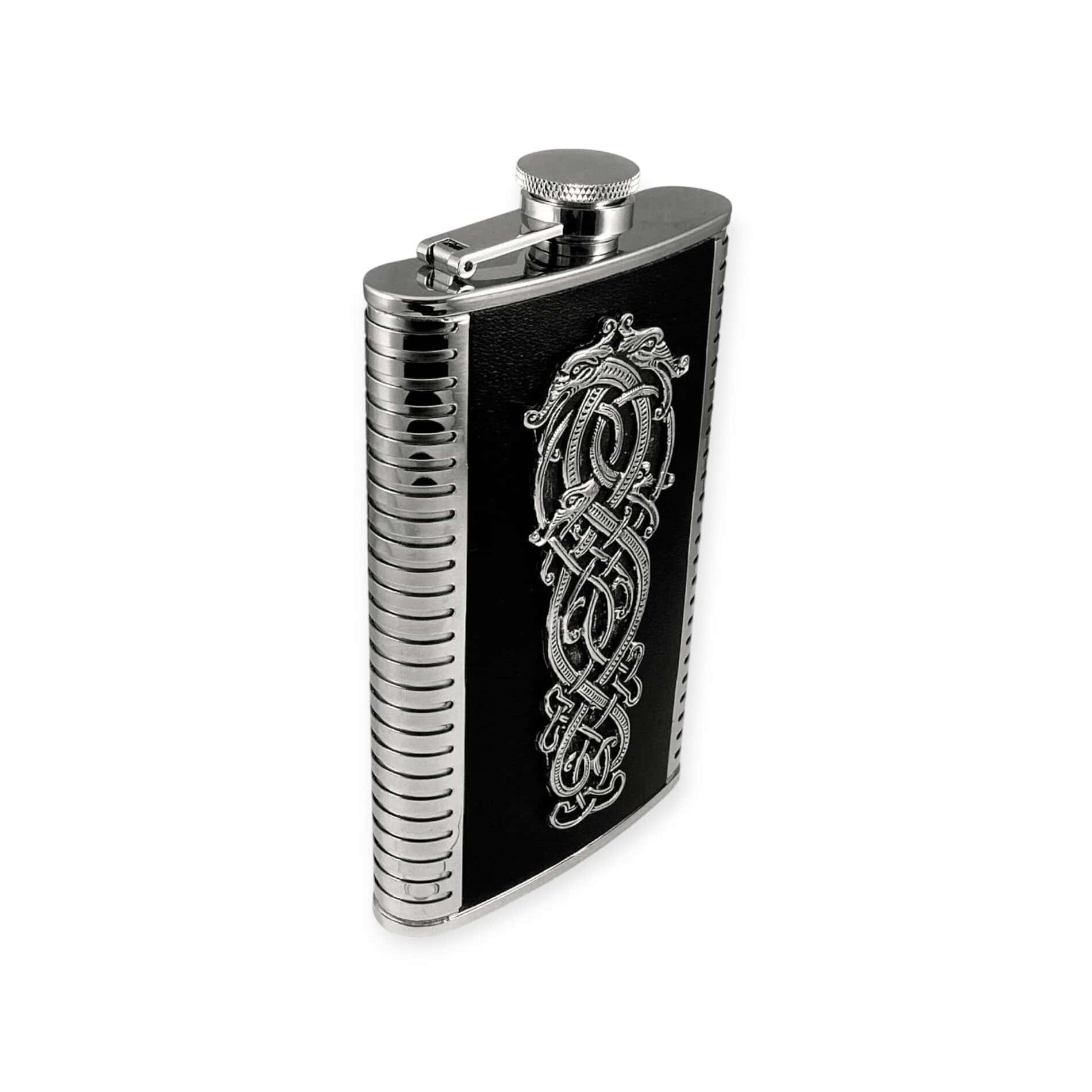 Large Celtic Dragon Leather-Wrapped Irish Hip Flask – 9oz - Irish Bar/Guinness - Image 1