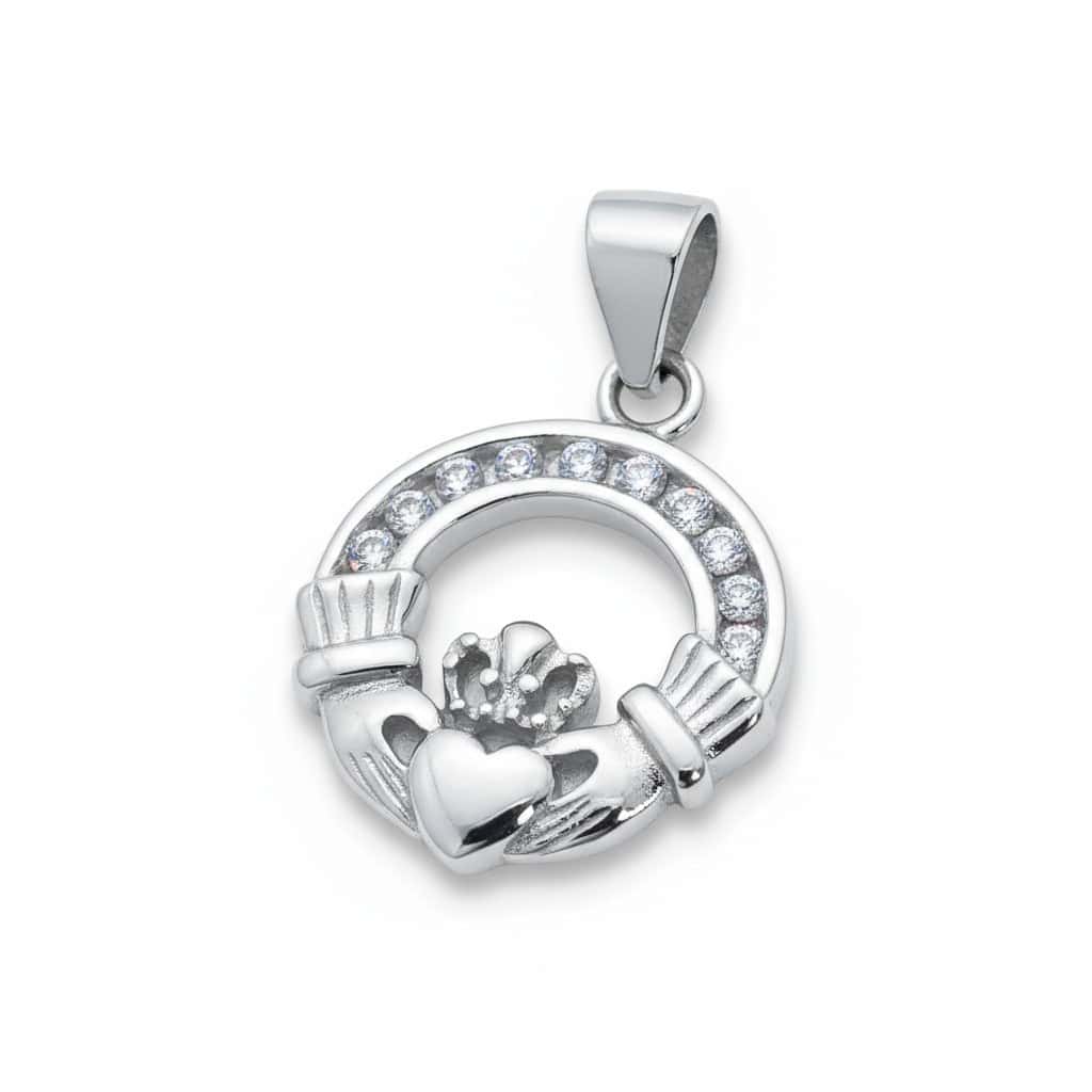 Sterling Silver Claddagh Pendant with White CZ – 18” Chain - Baby & Christening Gifts