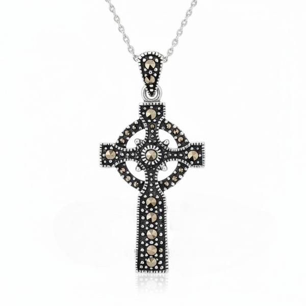 Sterling Silver Celtic Cross with Marcasite Inlay – 18” Chain - Irish Gifts