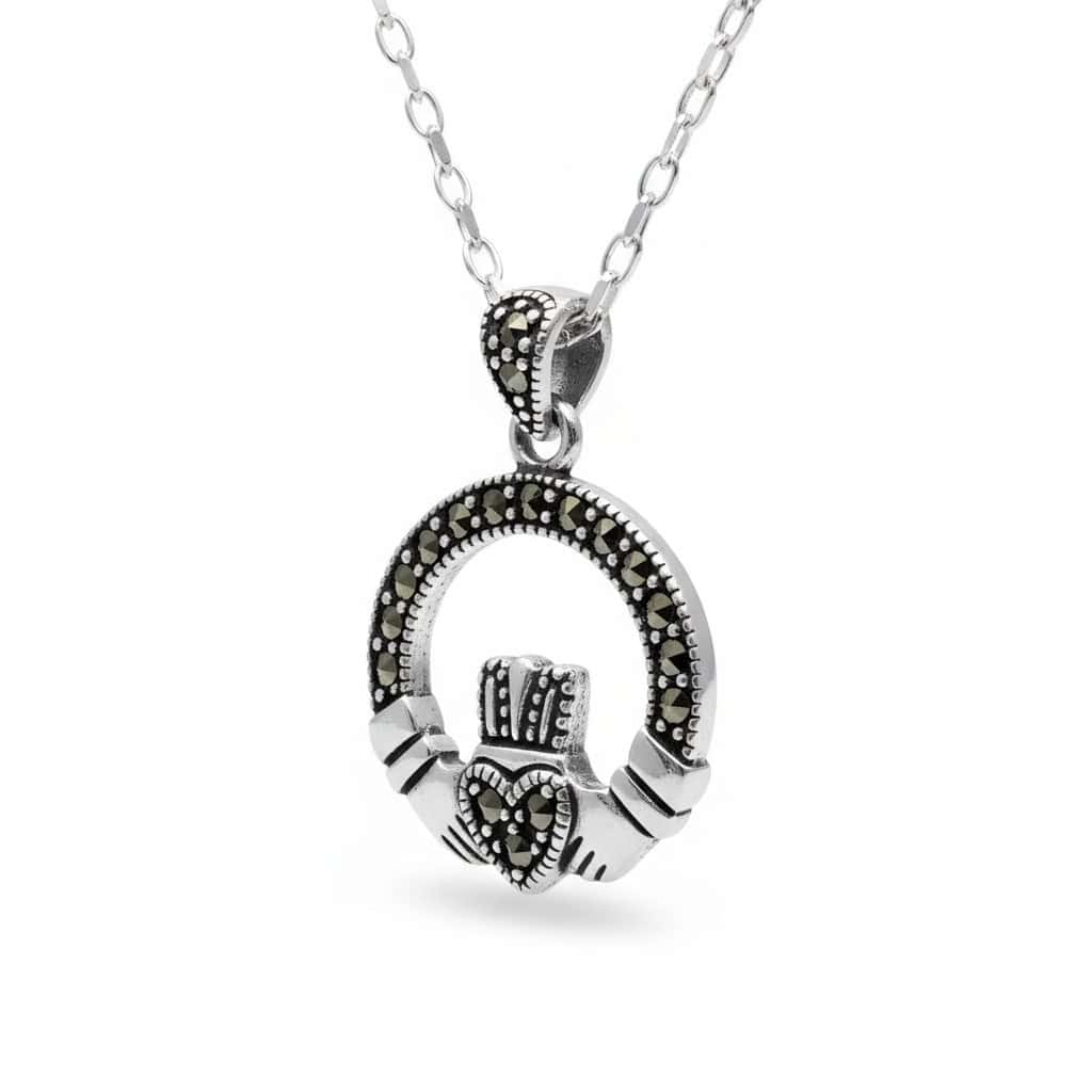 Sterling Silver Claddagh Pendant with Marcasite – 18” Chain - Communion Gifts