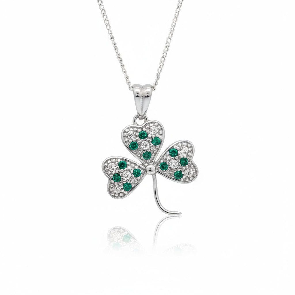 Sterling Silver Shamrock Pendant with Green & White CZ Stones - Confirmation Gifts