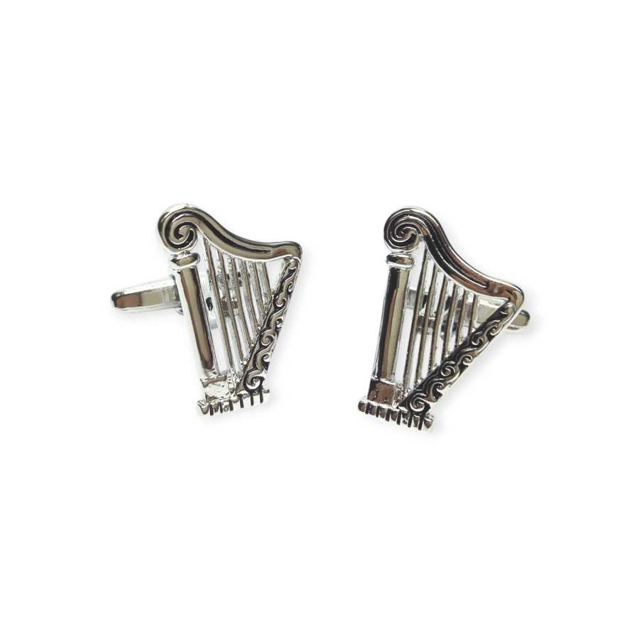 Celtic Harp Cufflinks – Silver Tone - Irish Gifts - Image 1
