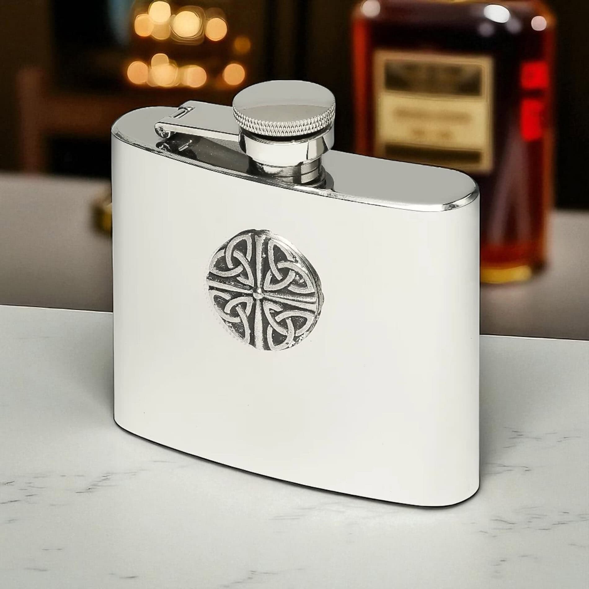 Trinity Knot Hip Flask – 5oz Mullingar Pewter Stainless Steel - Irish Bar/Guinness