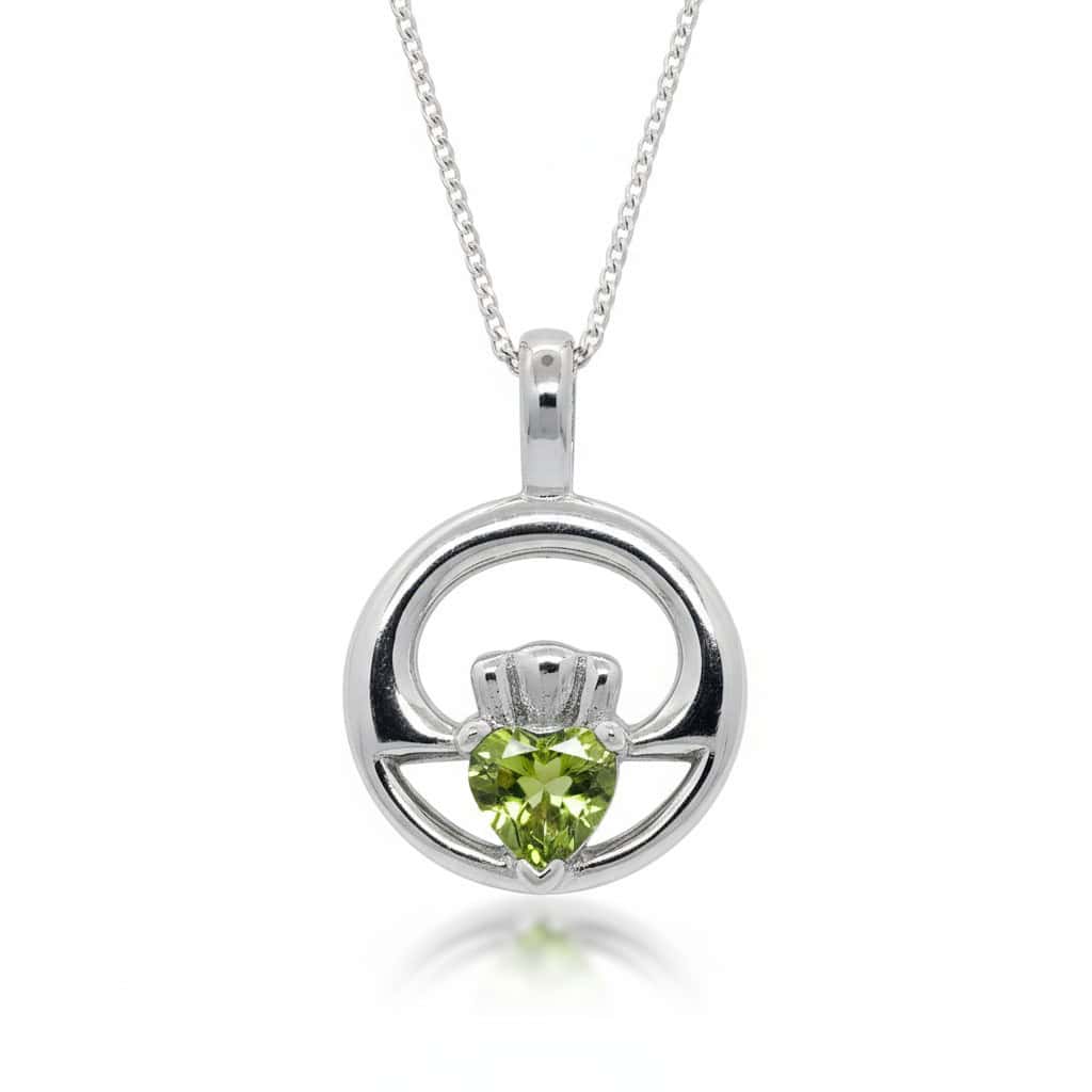 Sterling Silver Claddagh Pendant with Peridot CZ – 18” Chain - Irish Gifts