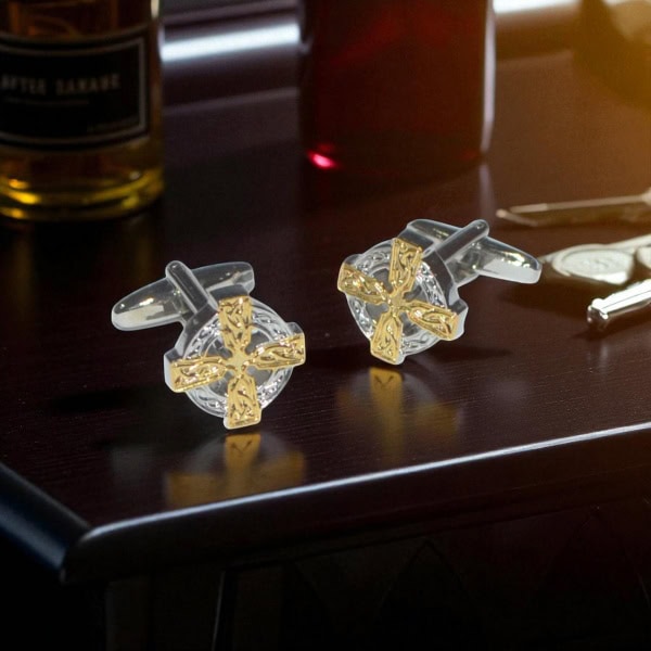 Celtic Cross Cufflinks – Two-Tone Finish - Irish Gifts - Image 1