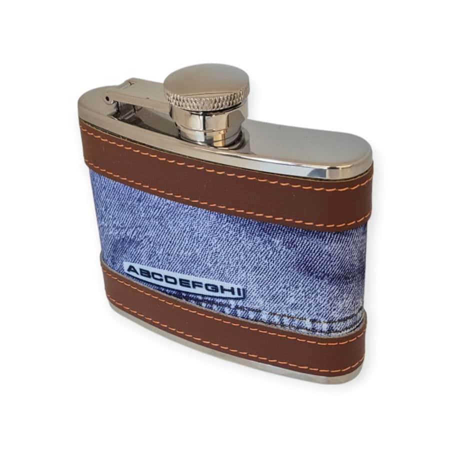Peterson Blue Denim & Leather Hip Flask – 4oz Stainless Steel - Irish Bar/Guinness - Image 2