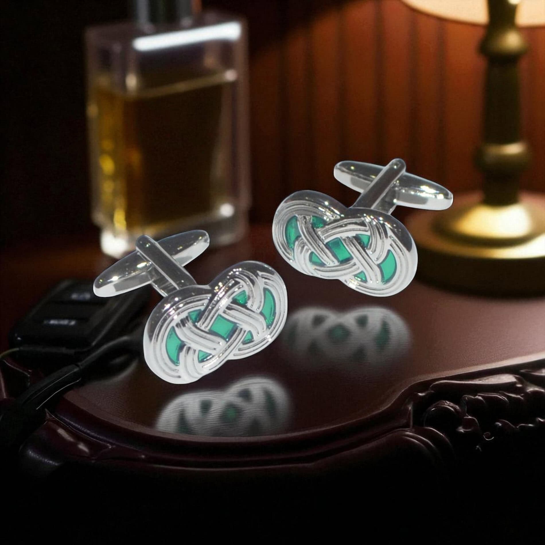 Celtic Knot Cufflinks - Green Weave - Irish Gifts - Image 1