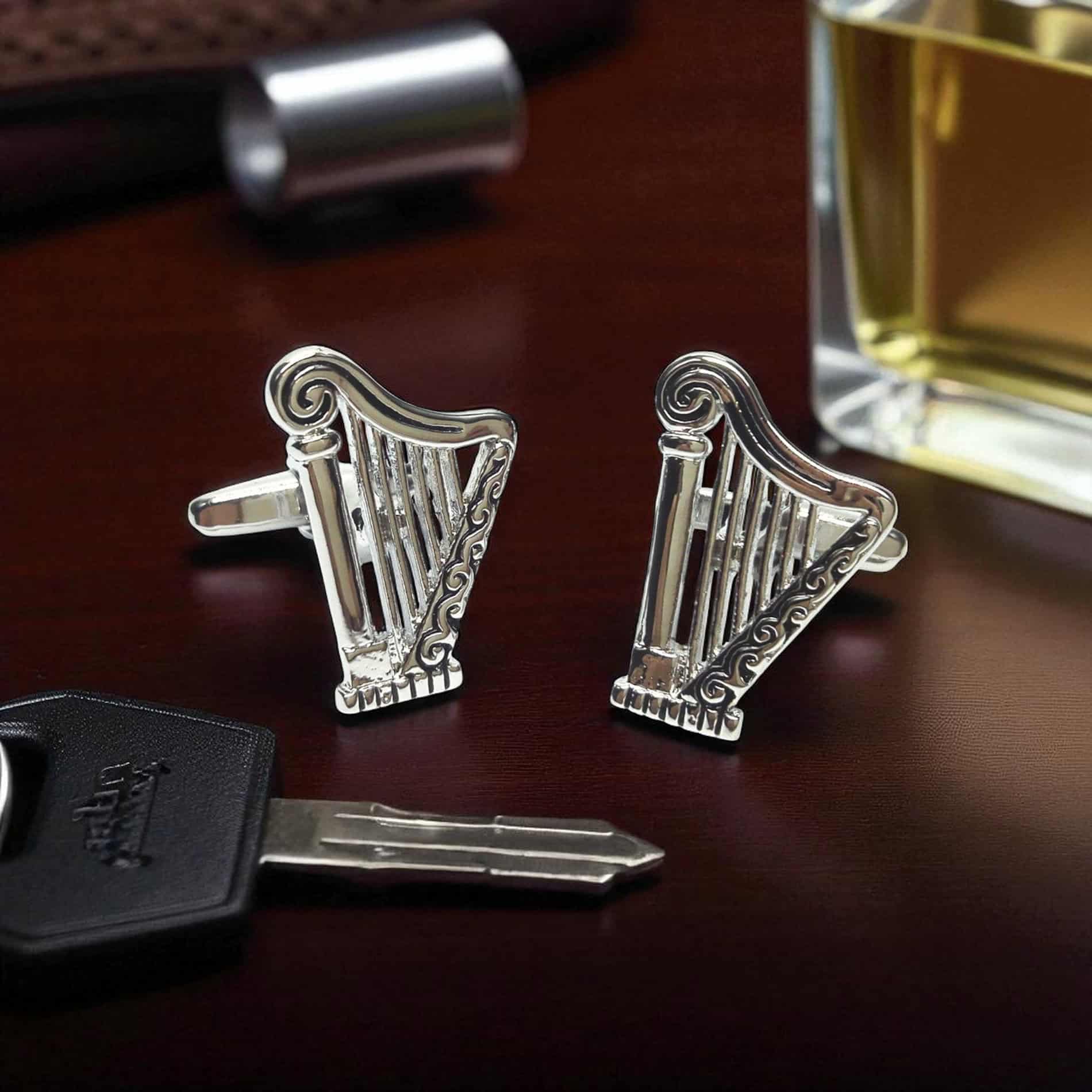 Celtic Harp Cufflinks – Silver Tone - Irish Gifts