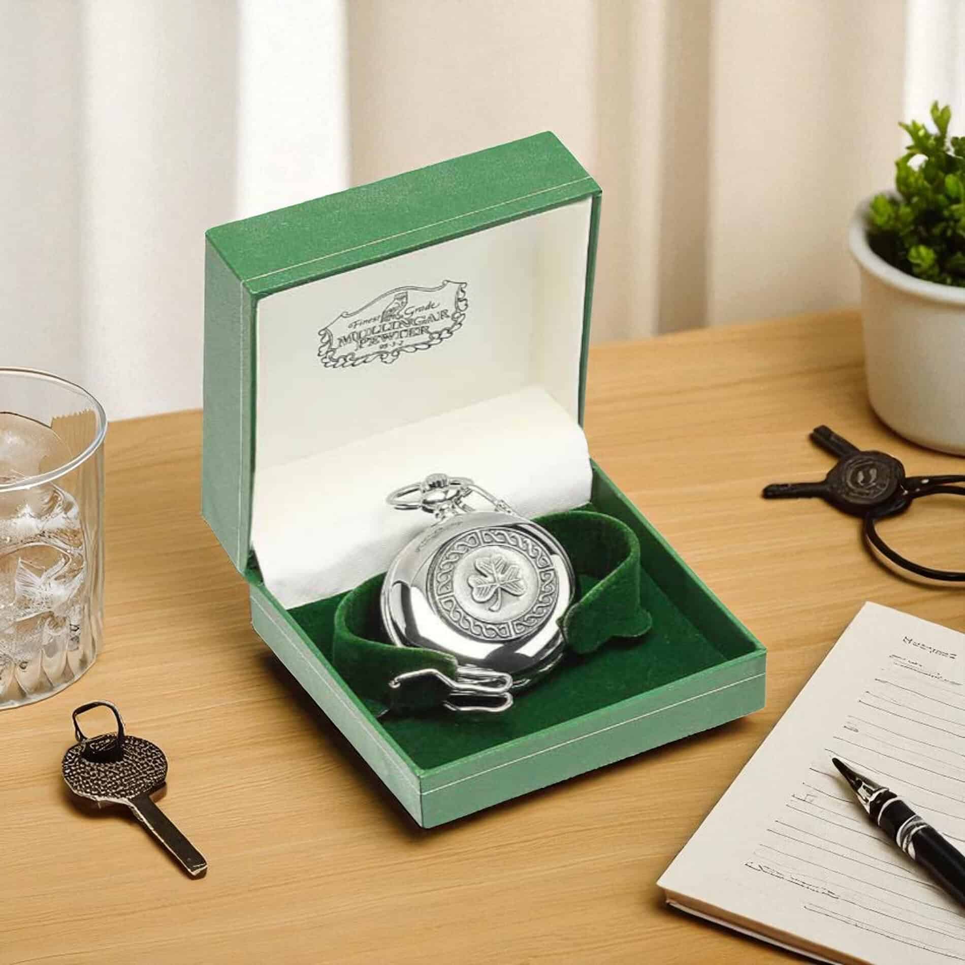 Mullingar Pewter Pocket Watch – Shamrock Design - Irish Gifts