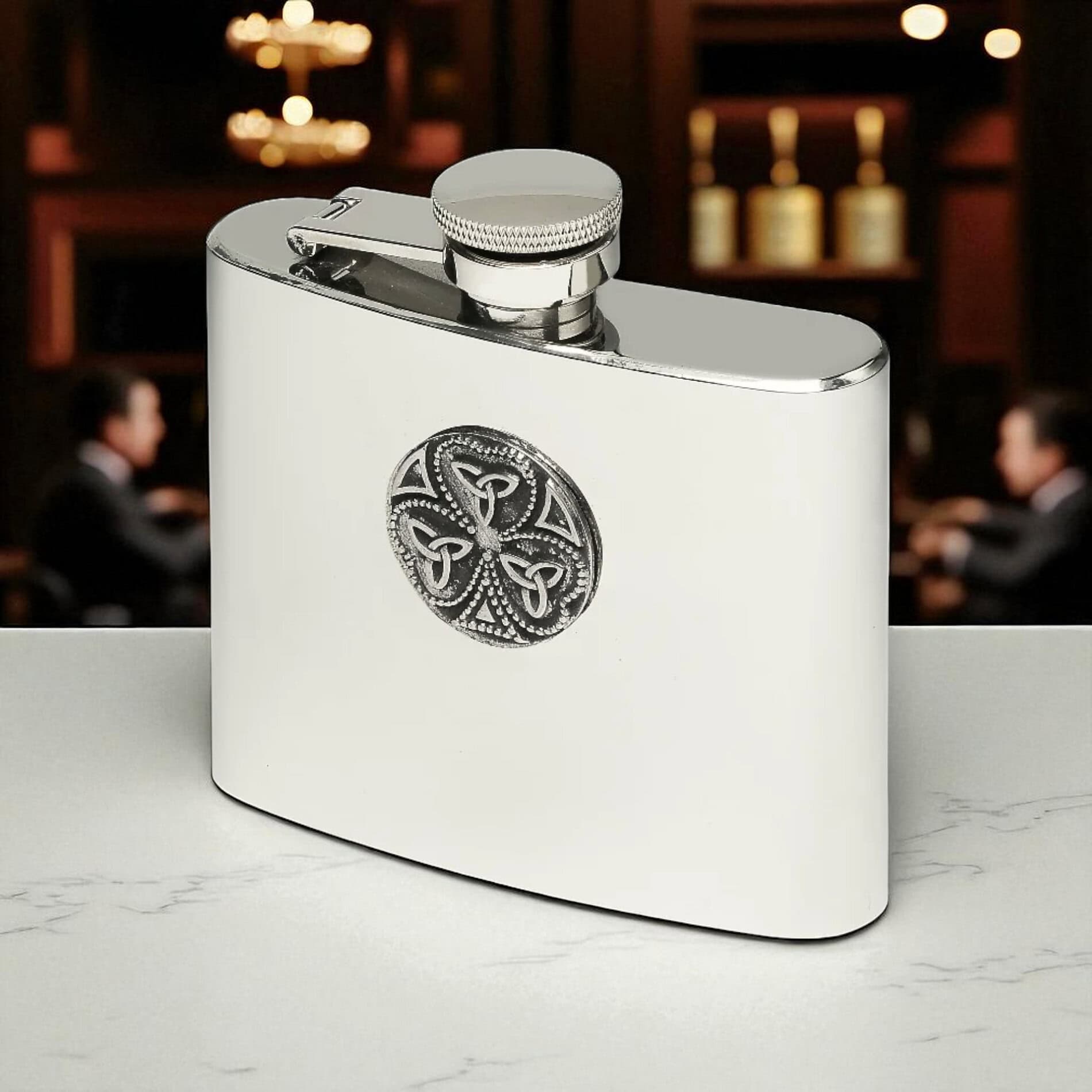 Shamrock Trinity Hip Flask – 5oz Mullingar Pewter Stainless Steel - Irish Bar/Guinness