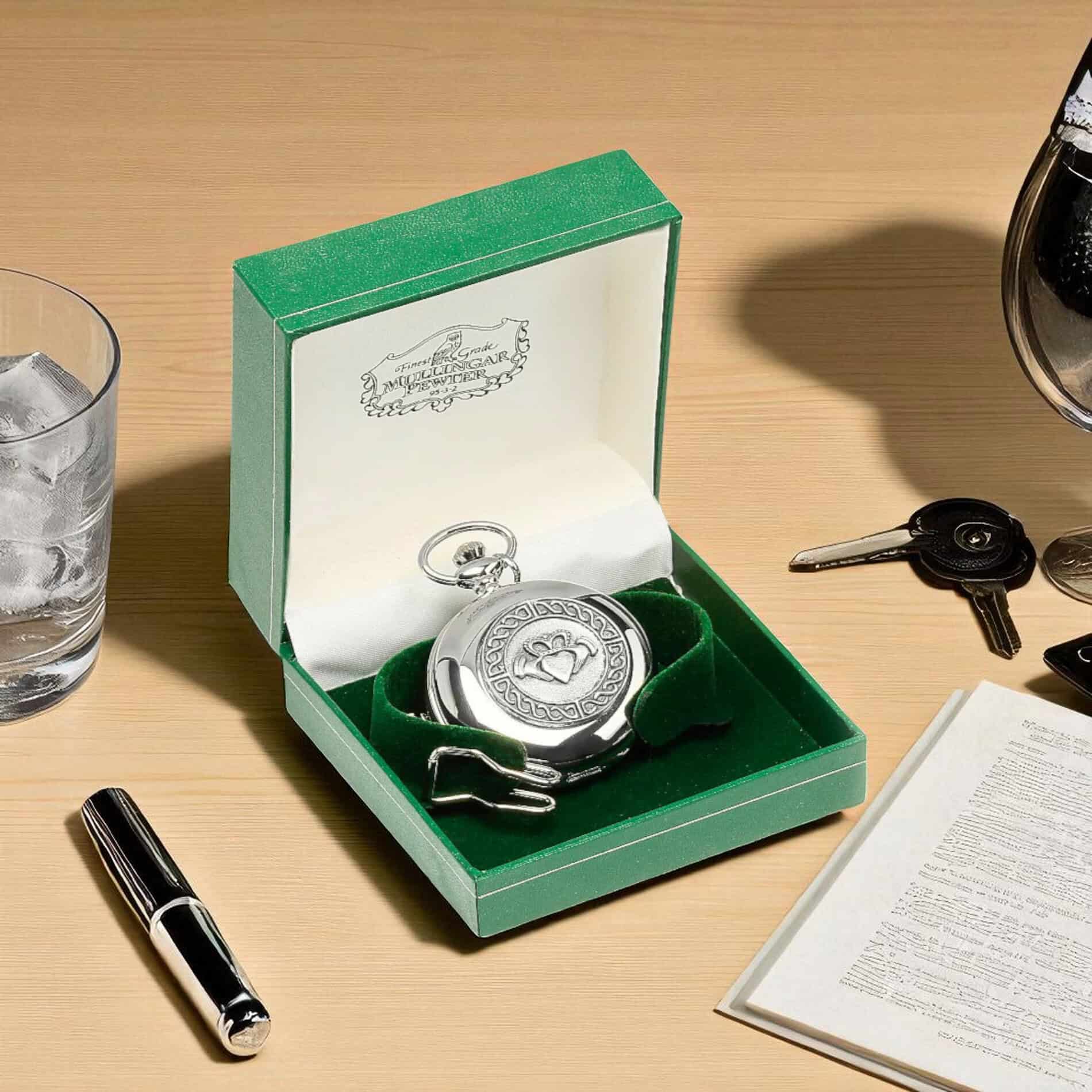 Mullingar Pewter Pocket Watch – Claddagh Design - Irish Gifts