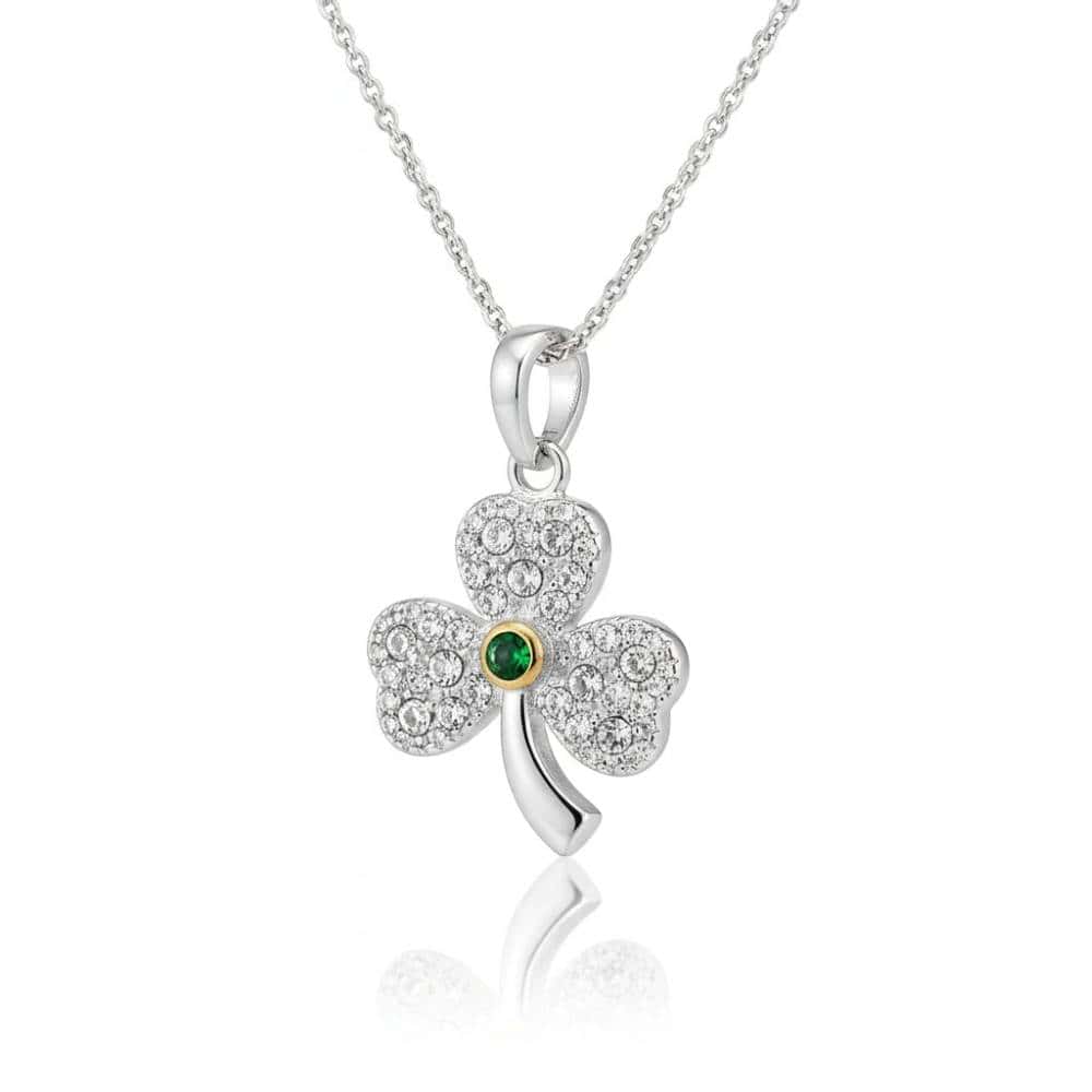 Sterling Silver Shamrock Pendant - Green & White CZ – 18” Chain - Graduation Gifts