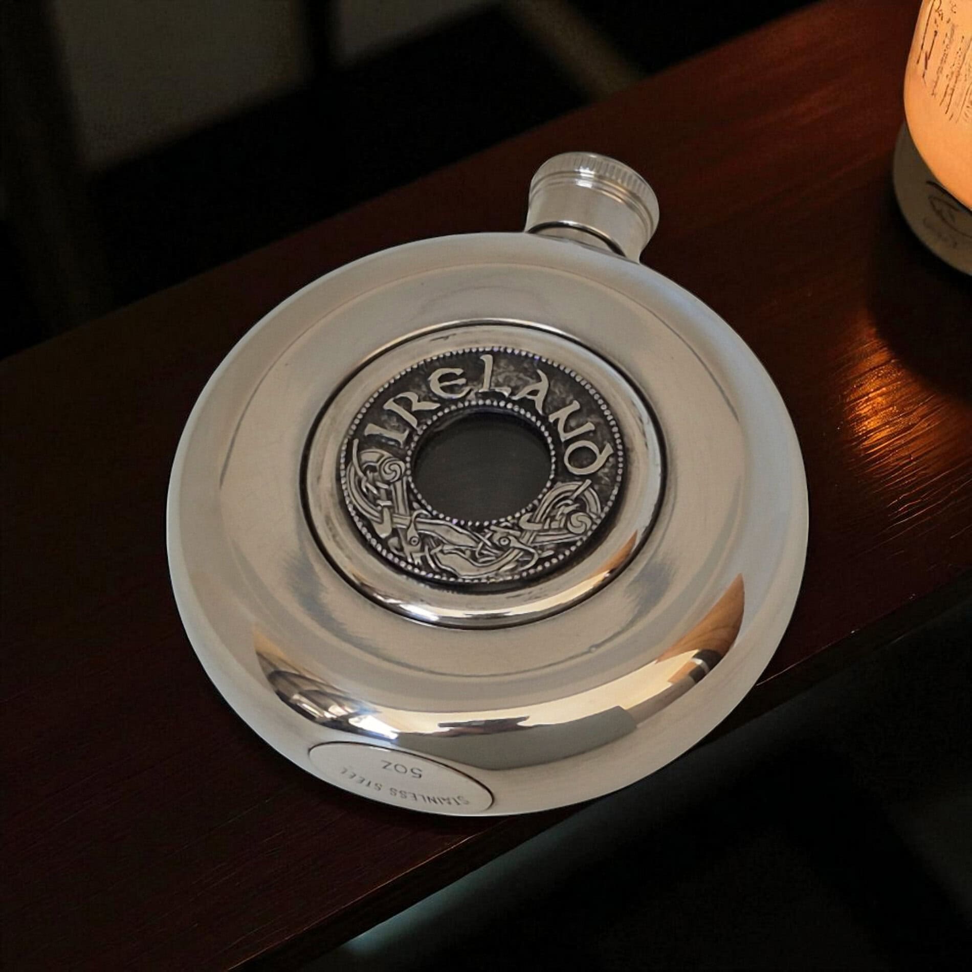 Round Irish Whiskey Hip Flask – Ireland Kells Design - Irish Bar/Guinness - Image 1
