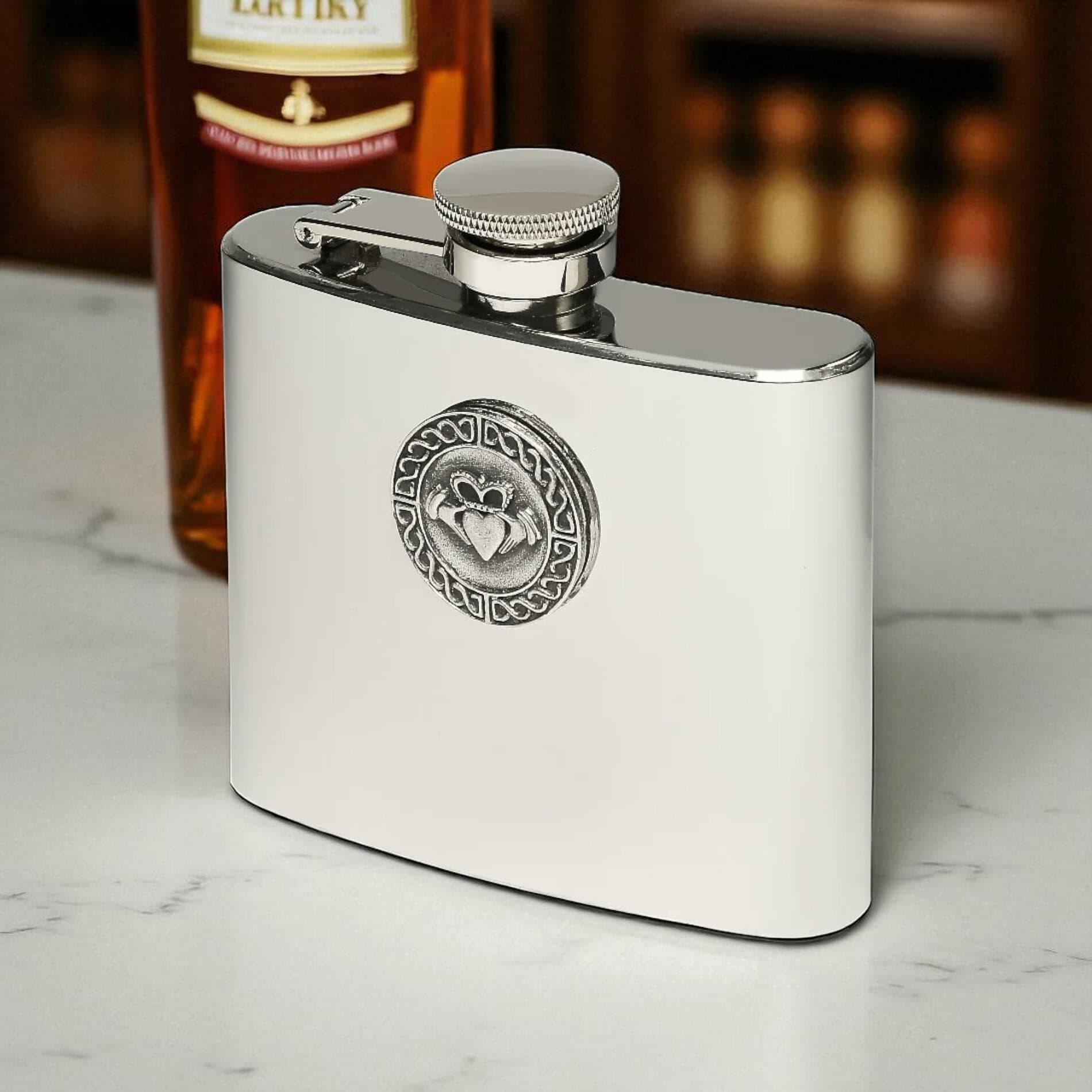 Stainless Steel 5oz Hip Flask - Claddagh Design - Irish Bar/Guinness