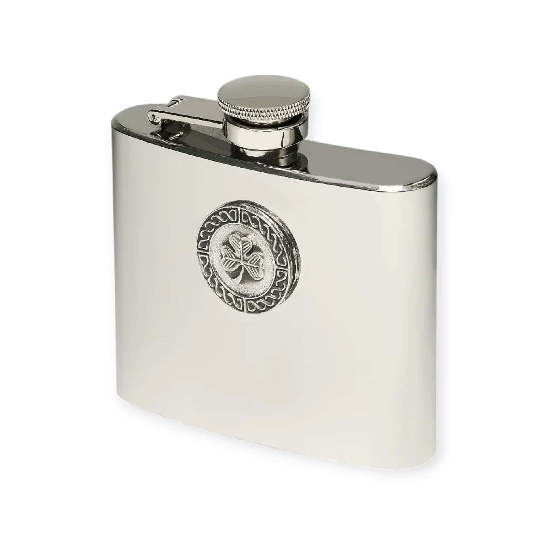Shamrock Hip Flask – 5oz Mullingar Pewter Stainless Steel - Irish Bar/Guinness - Image 1