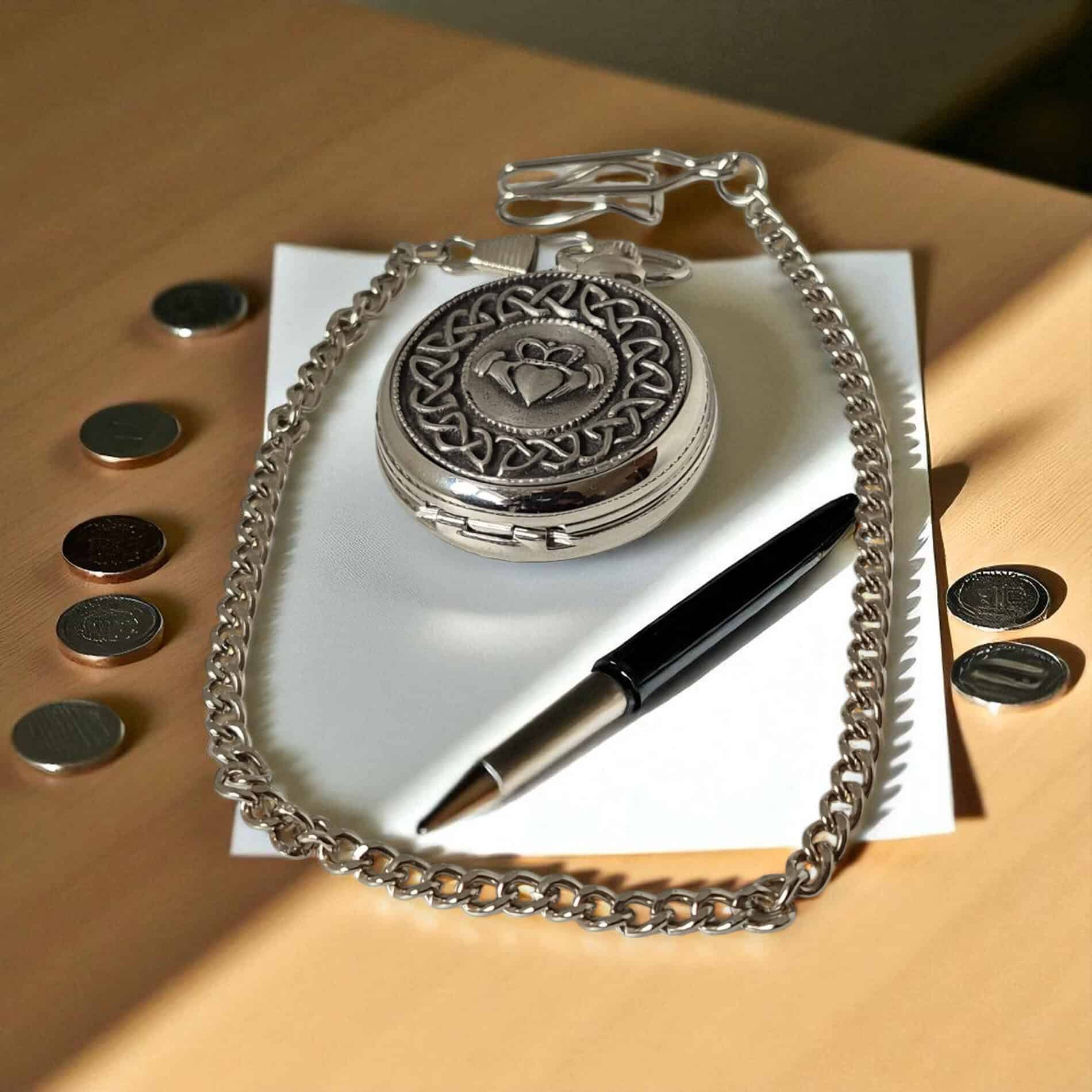 Mechanical Pocket Watch with Claddagh – Mullingar Pewter - Irish Gifts - Image 2