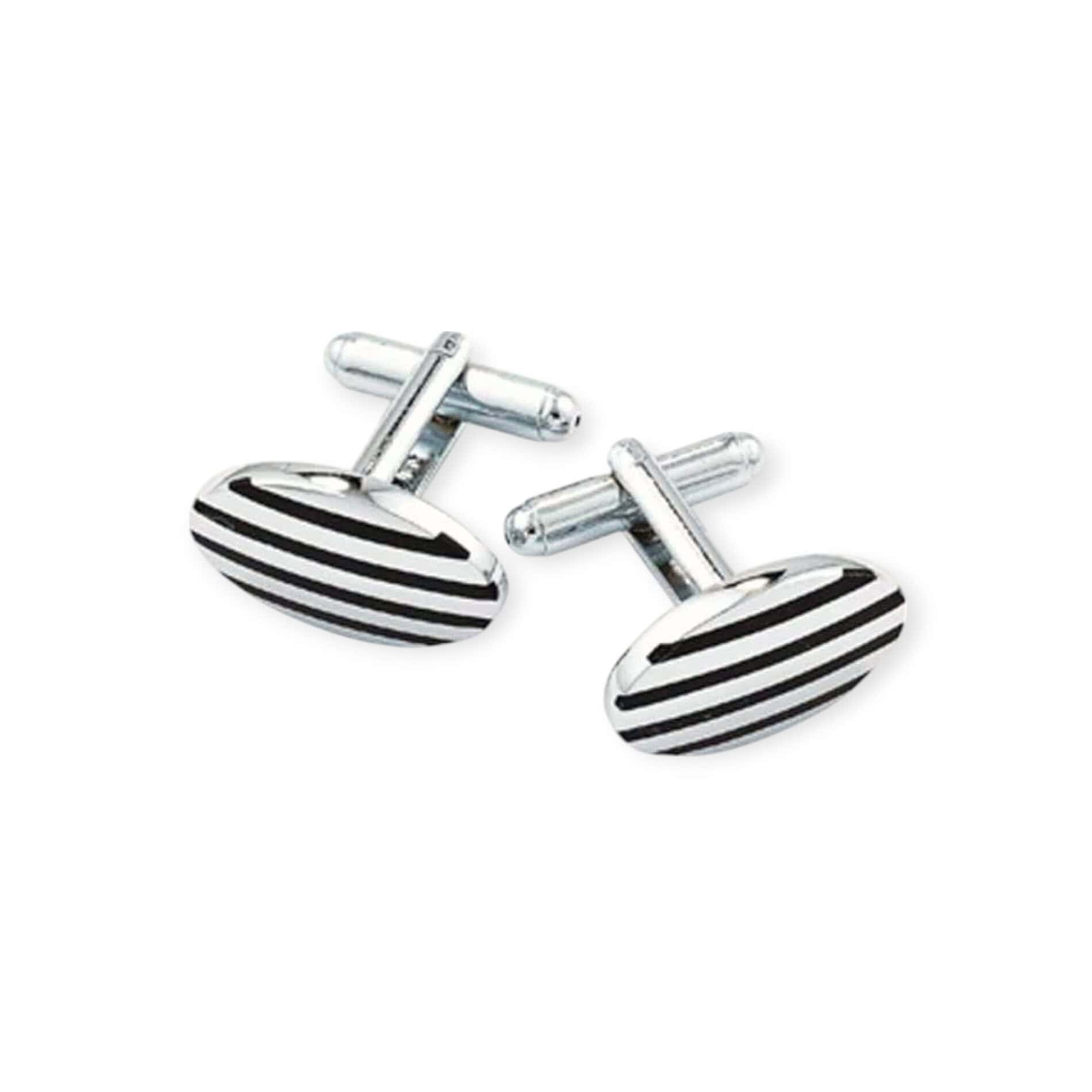 Oval Cufflinks - Silver Tone with Black Stripes - Irish Gifts - Image 2