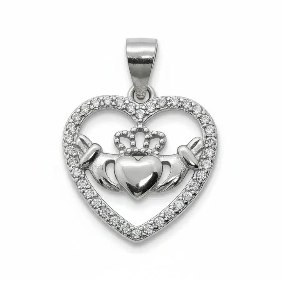 Sterling Silver Heart-Shaped Claddagh Pendant with CZ – 18” Chain - Communion Gifts