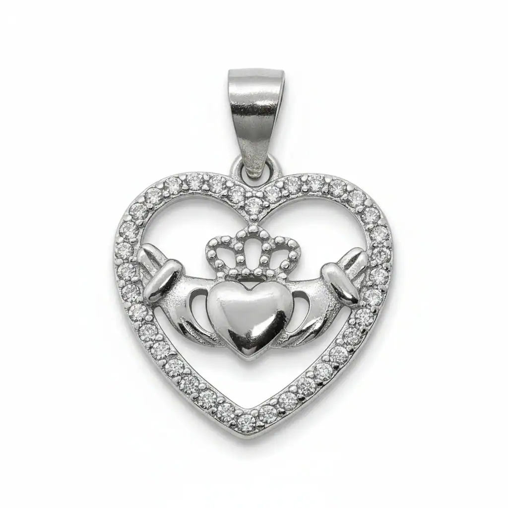 Sterling Silver Heart-Shaped Claddagh Pendant with CZ – 18” Chain - Communion Gifts