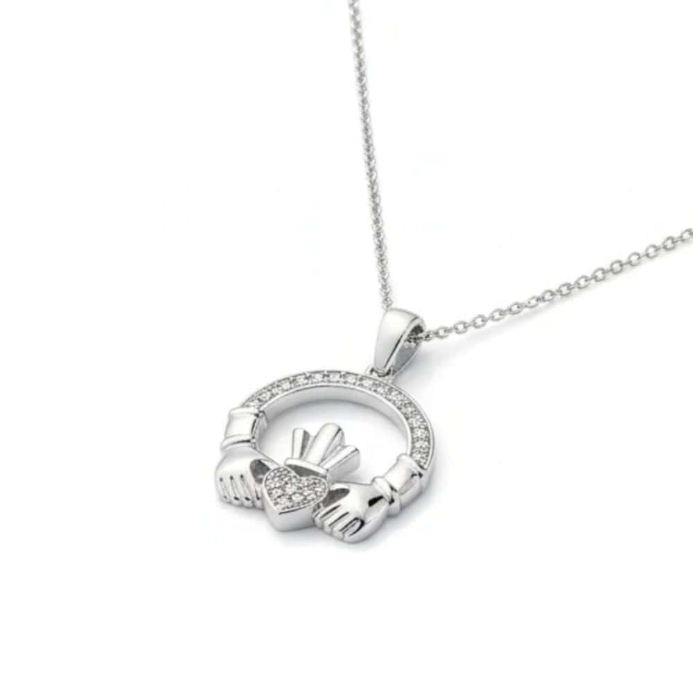 Claddagh Pendant Necklace Large - Sterling Silver with CZ - Baby & Christening Gifts