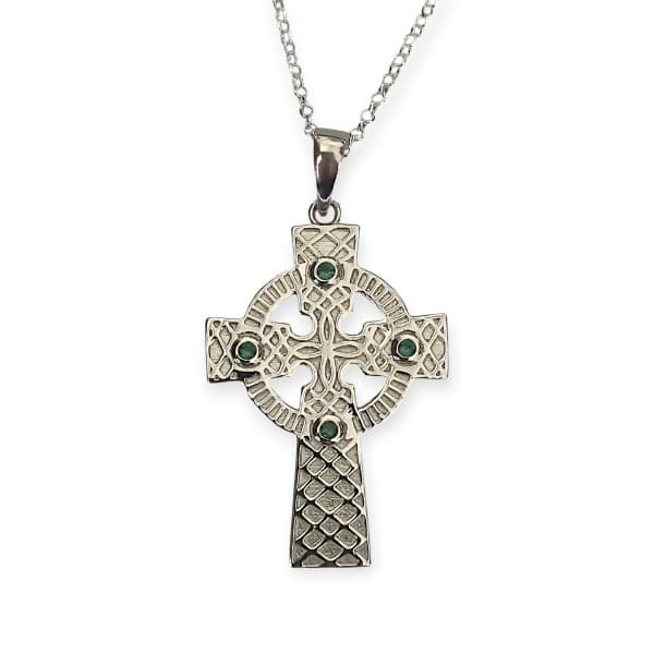 Silver Celtic Cross with Chain - Green Stones - Irish Gifts