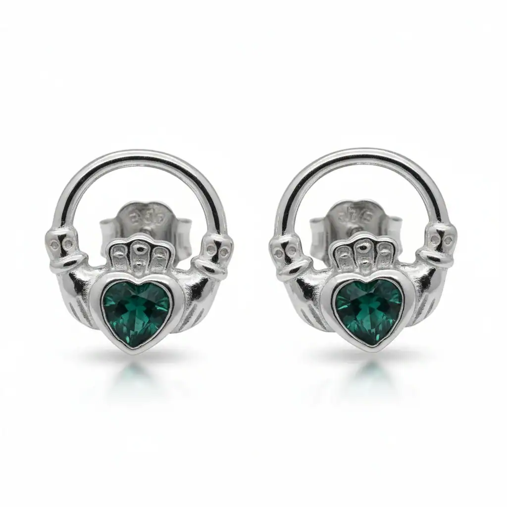 Silver Claddagh Stud Earrings with Green Stone - Communion Gifts - Image 1